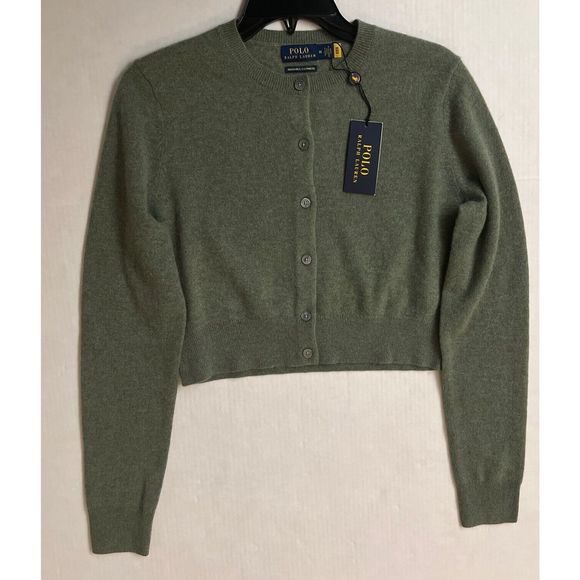 Polo Ralph Lauren Sz M Green/Gray Cropped Crewneck Cardigan Cashmere Sweater - Picture 4 of 13